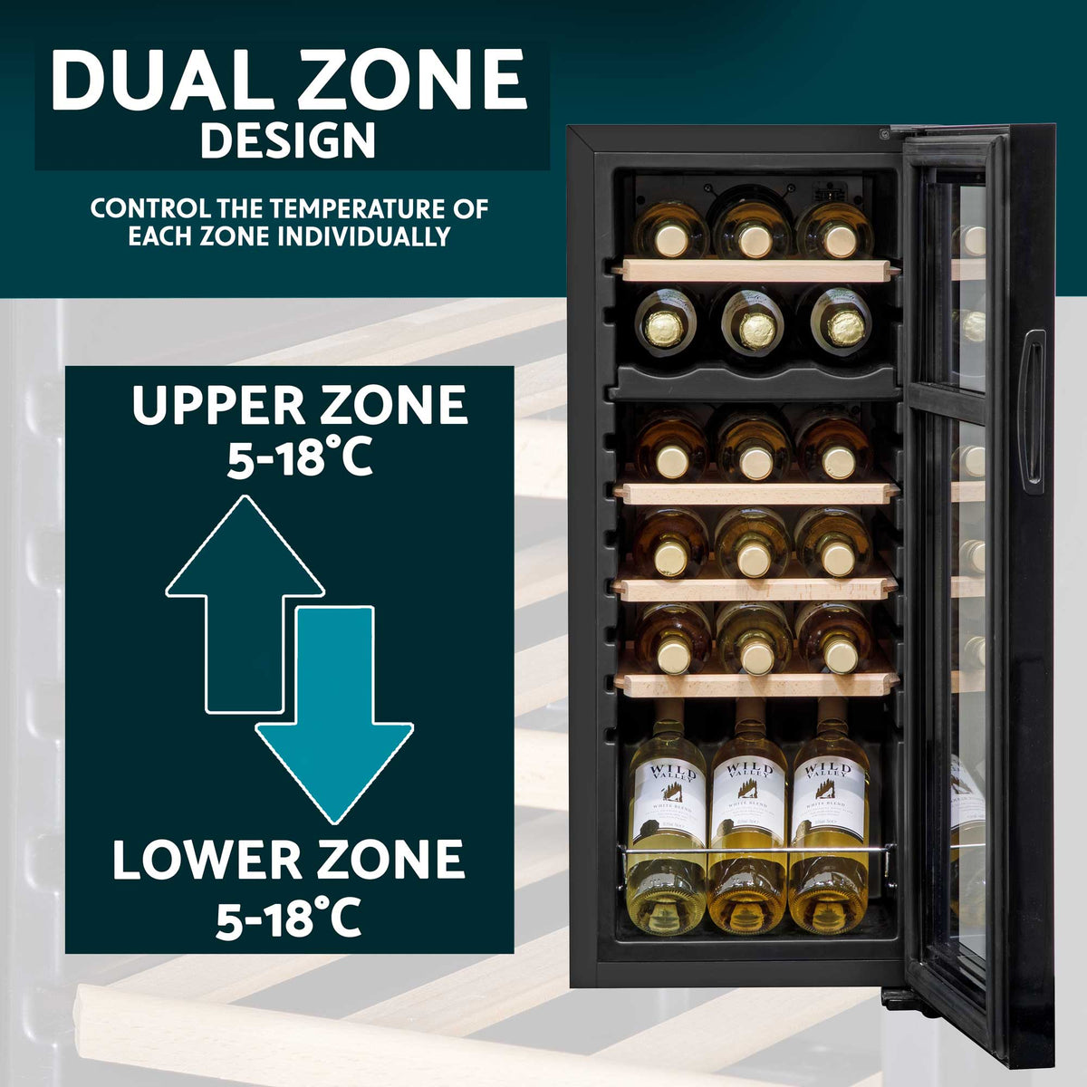 Baridi 18 Bottle Dual Zone Wine Fridge with Wooden Shelves & LED Light - Black | DH89