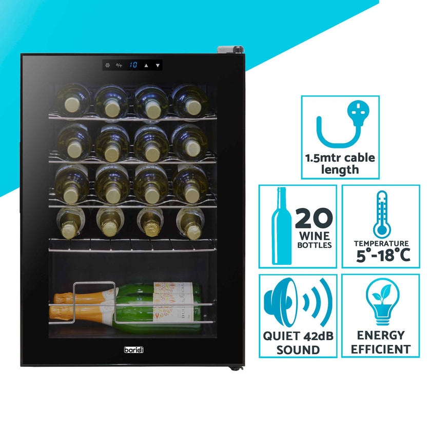 Nevera para vinos Baridi 20 botellas con estantes de metal, pantalla táctil y luz LED - Negro | DH8