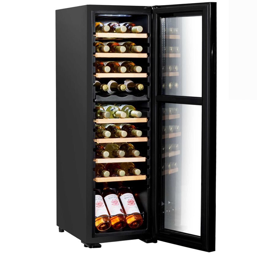 Baridi 27 Bottle Dual Zone Wine Fridge with Beech Wood Shelves & LED Light - Black | DH90