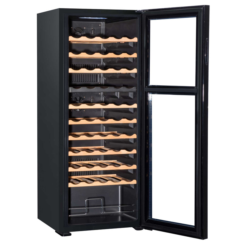 Baridi 55 Bottle Dual Zone Wine Fridge with Beech Wood Shelves & LED Light - Black | DH93