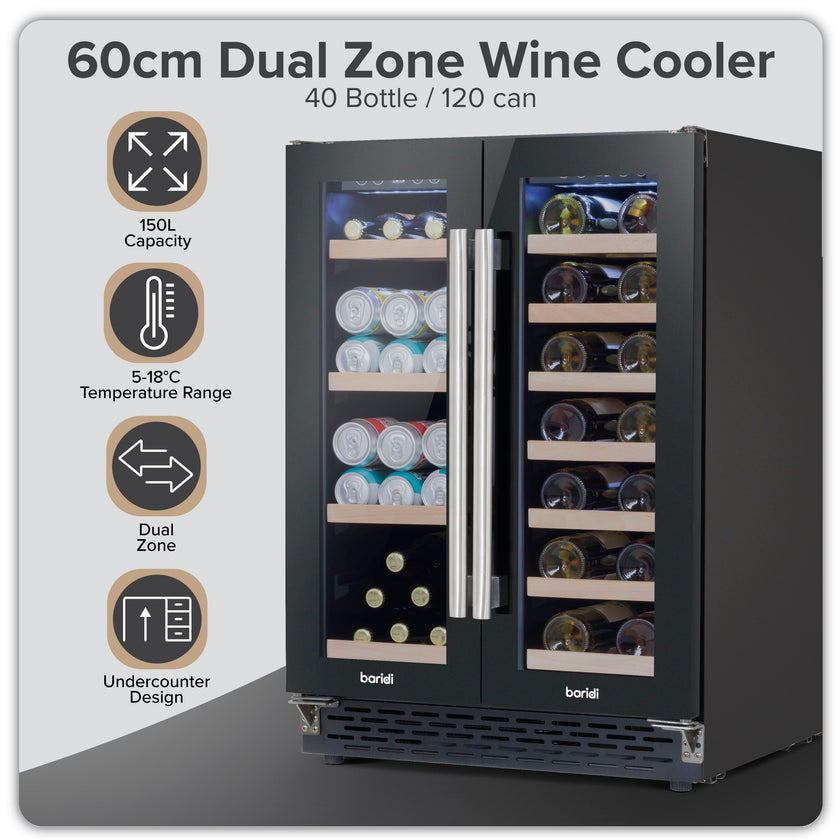 Baridi 40 Bottle/120 Can Dual Zone Undercounter/Freestanding Wine & Drinks Fridge - Black | DH96