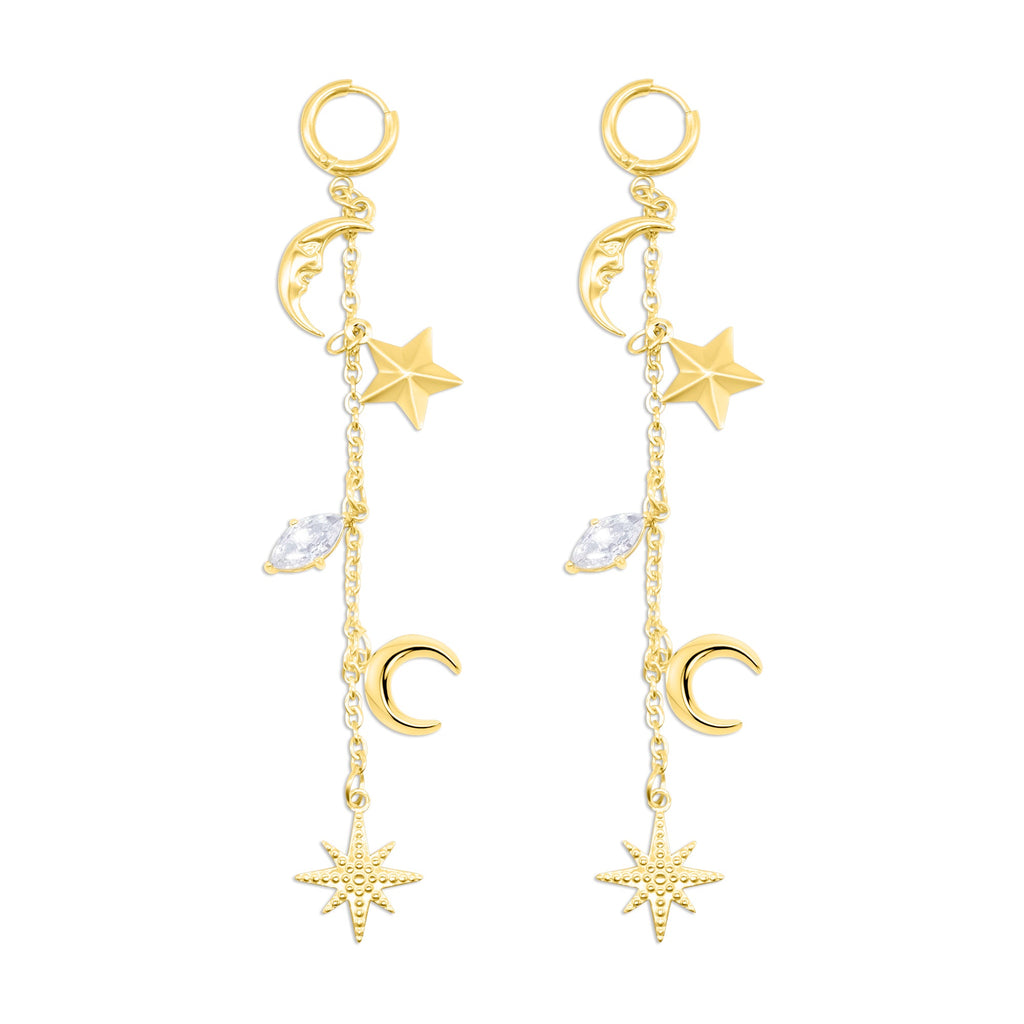 Gold Cassiopeia Star and Moon Earrings