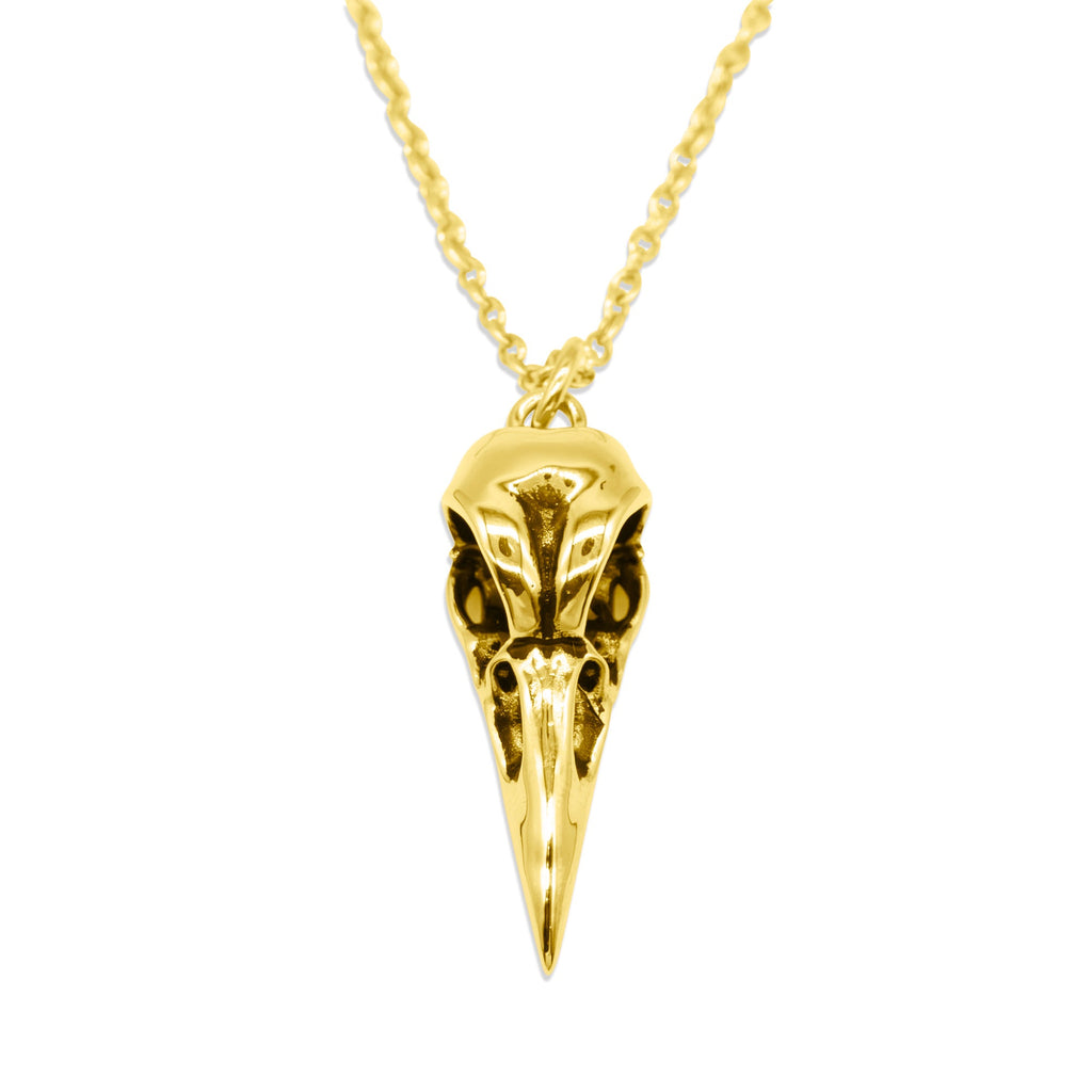 Gold Raven Bird Skull Necklace