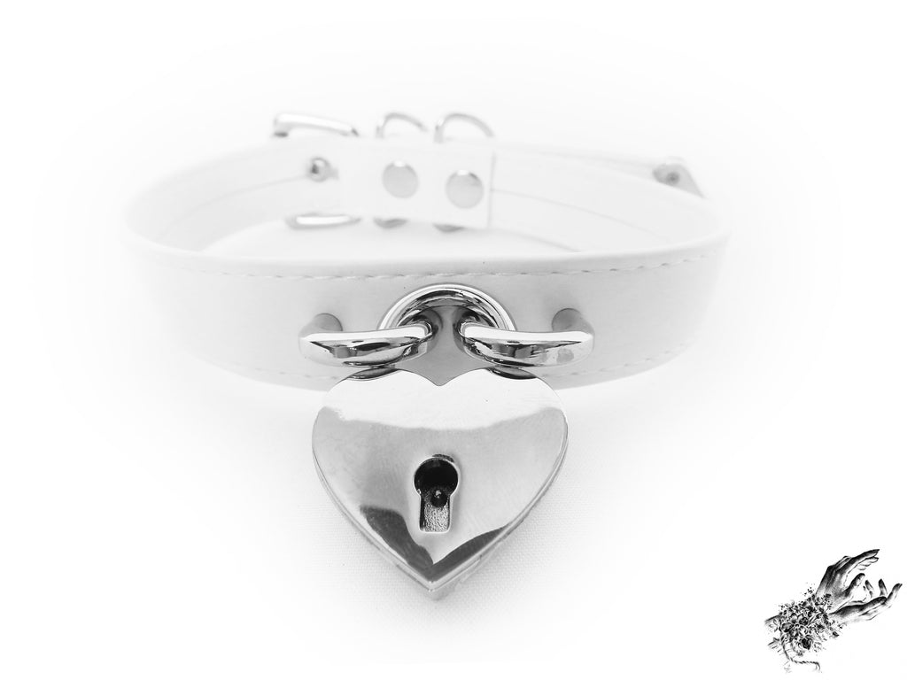 White Faux Leather Heart Padlock Choker