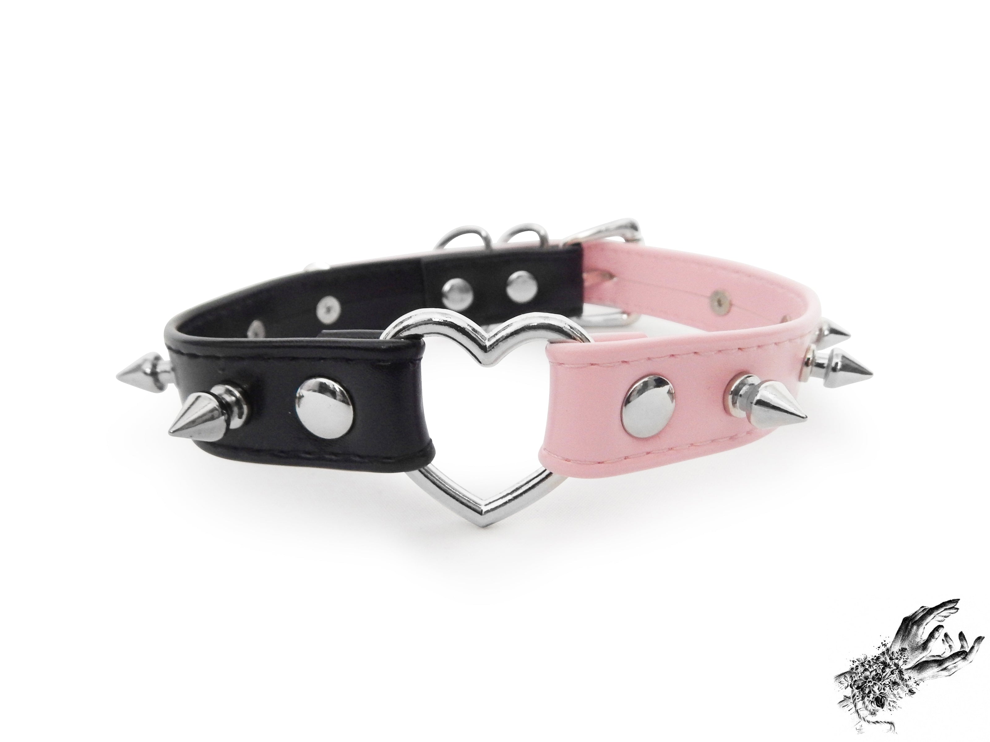 Half Black and Half Pink Studded Heart Ring Choker