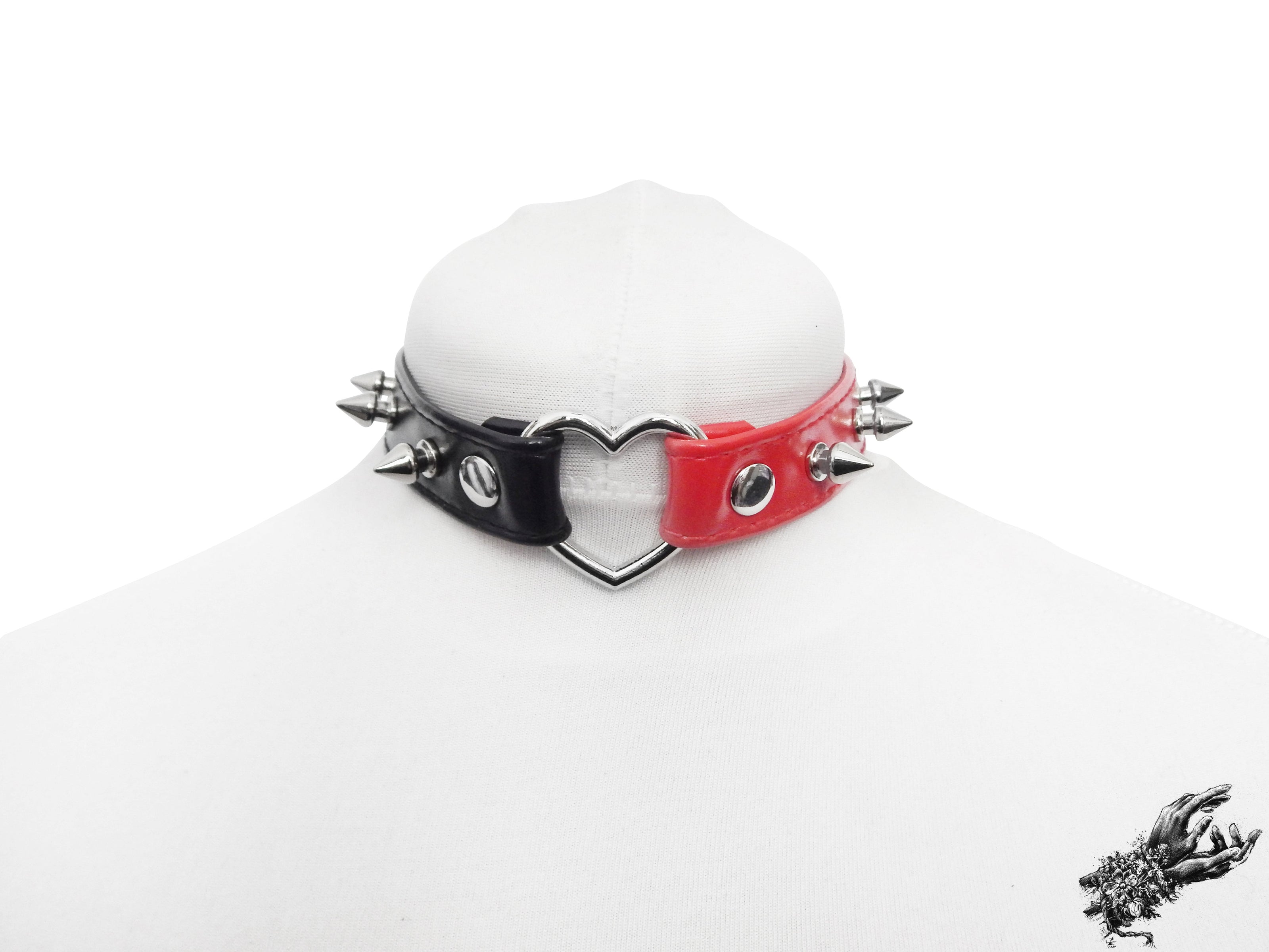 Half Black and Half Red Studded Heart Ring Choker