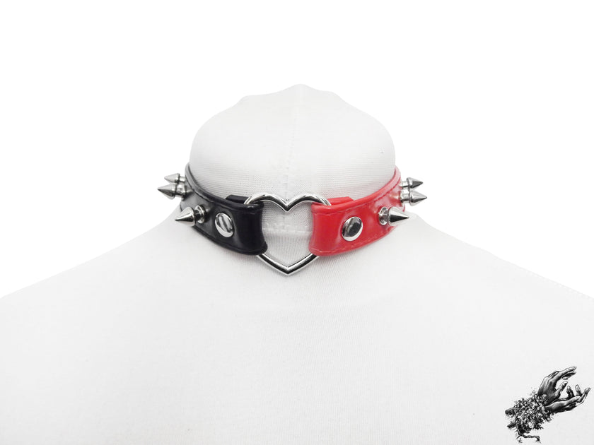 Half Black and Half Red Studded Heart Ring Choker
