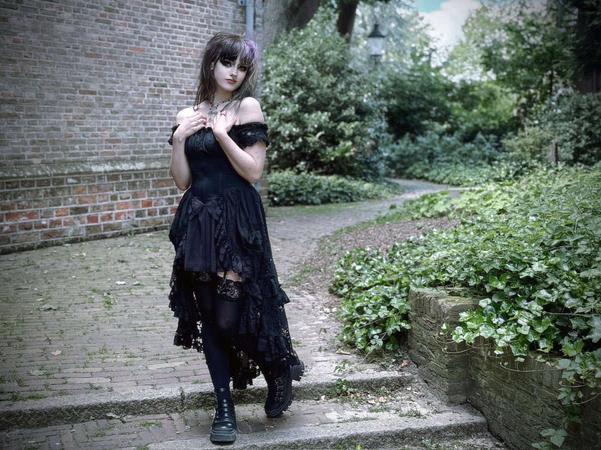 Dark in Love Lilinoe Goth Dress - Off Shoulder Lace-Up Back