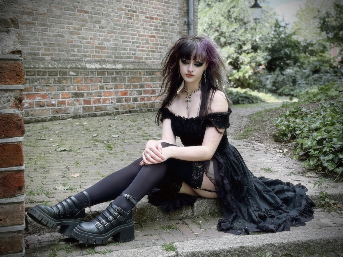 Dark in Love Lilinoe Goth Dress - Off Shoulder Lace-Up Back