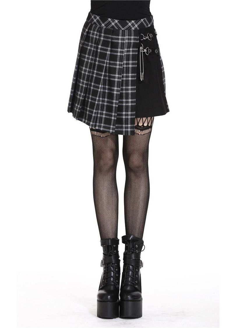 Dark in Love Leah Gothic Tartan Mini Skirt - Black & White Plaid