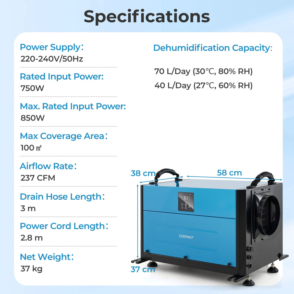 50/70L/Day Crawl Space Dehumidifier with 3 Modes and 24H Timer-Blue-70L