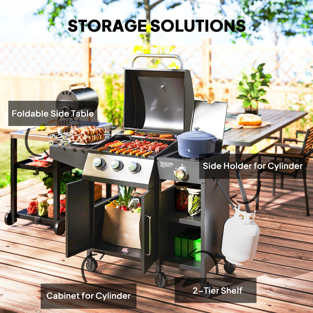 Outsunny 3+1 Burner Gas BBQ Grill with Storage Cabinet and Shelves, 11.6 kW Gas Barbecue Trolley with 6 Castor Wheels, Warming Rack, Thermometer for Outdoor Cooking Garden Party, Black