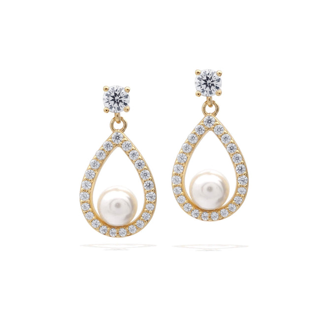 Pendientes Diamonfire de lágrima con halo abierto y perla de concha