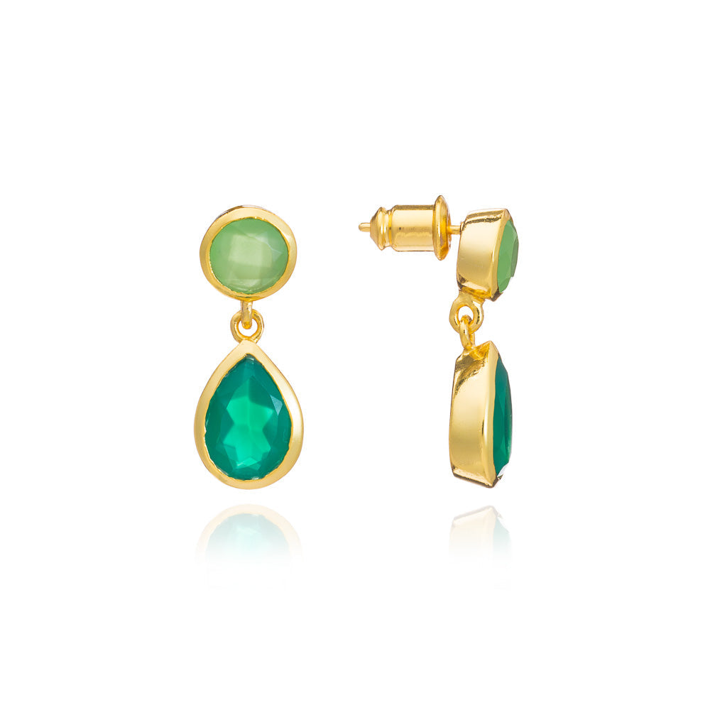 Gold Double Gemstone Drop Earrings with Green Onyx & Prenite