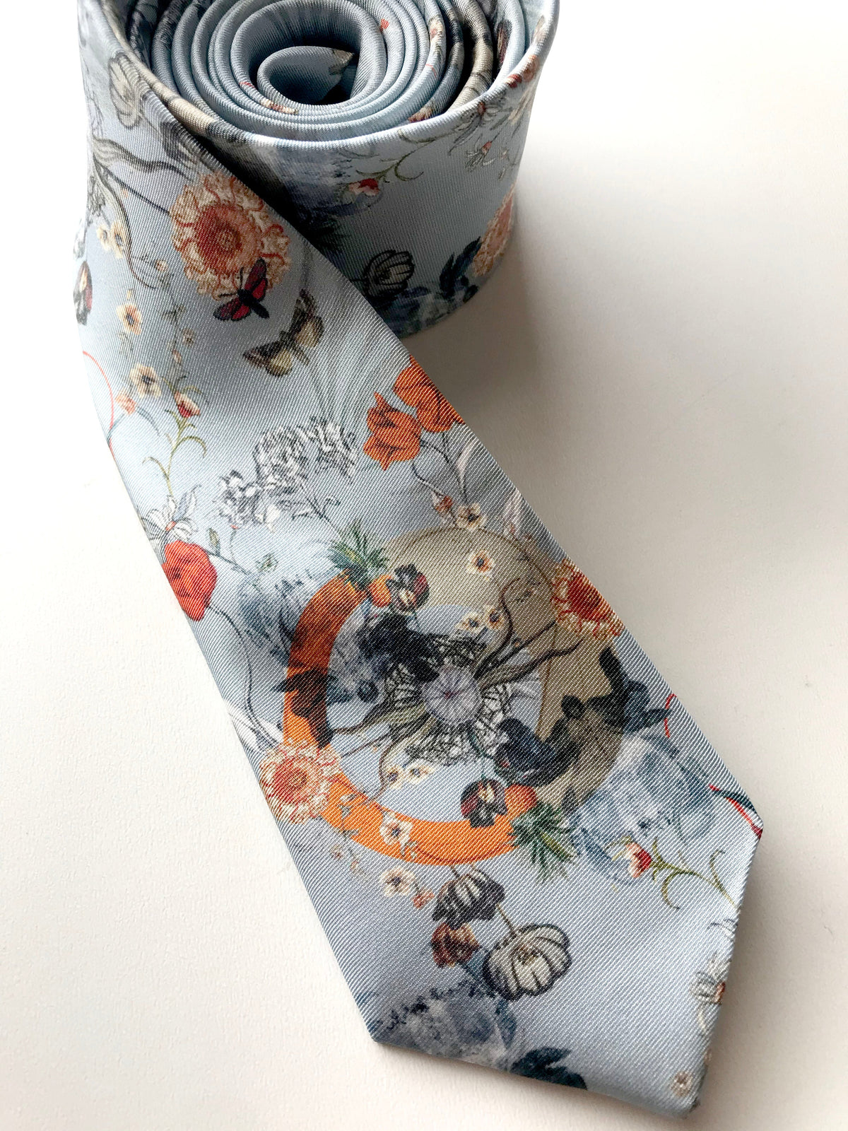 Pale blue silk tie with floral pattern 'Evolution' Men's Luxury Silk necktie