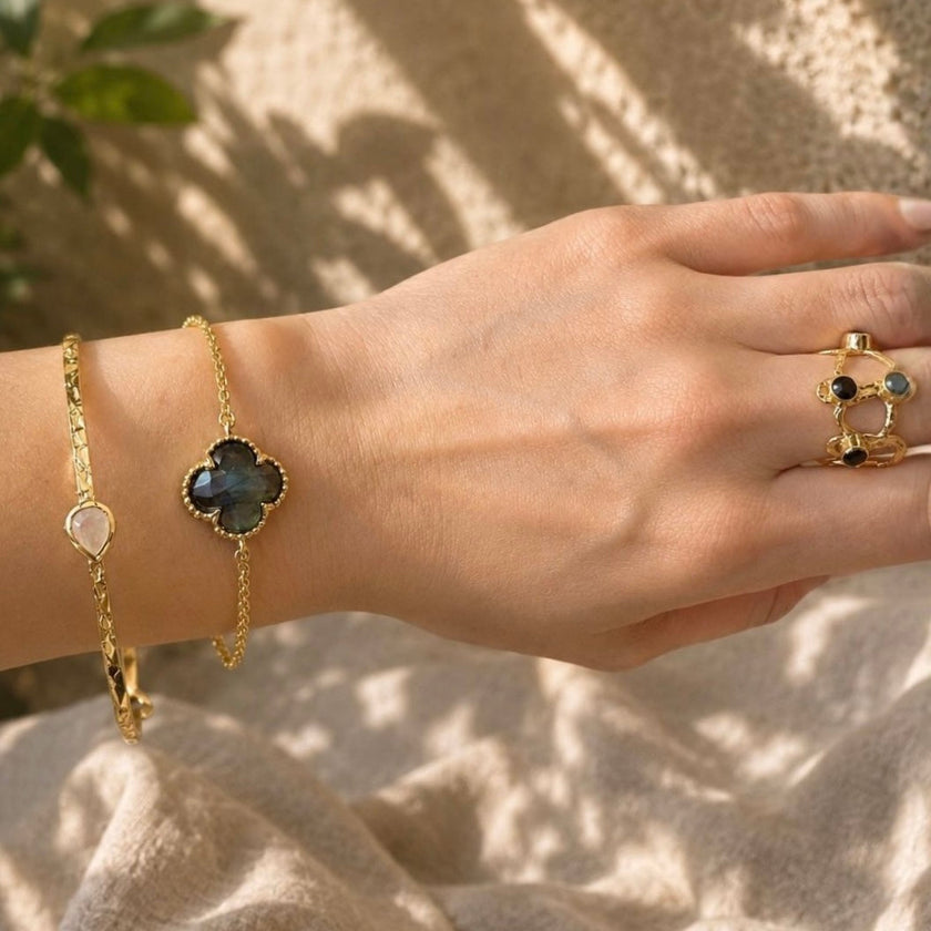 Simi Three Stone Stacking Bangle Rainbow Moonstone