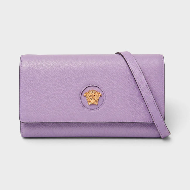 Sac portefeuille long sur bandoulière Medusa en cuir, doré et violet lilas