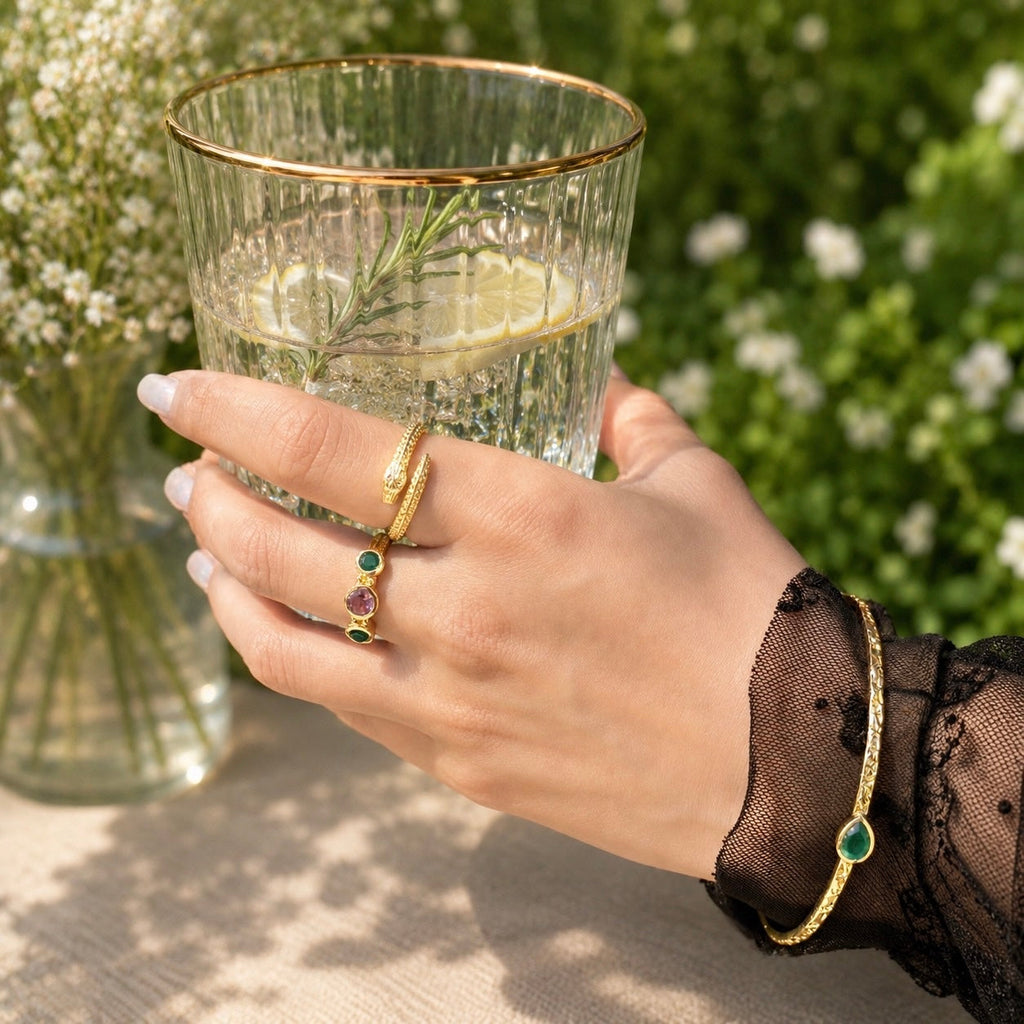 Iris Three Gemstones Ring Green Onyx & Amethyst