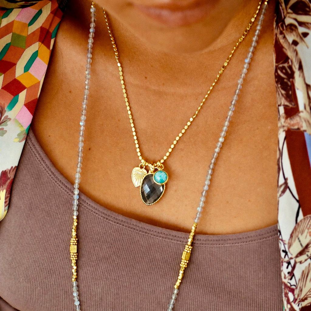 Odyssey Two Stone Pendant Necklace with Palm Leaf Charm Pyrite & Amazonite