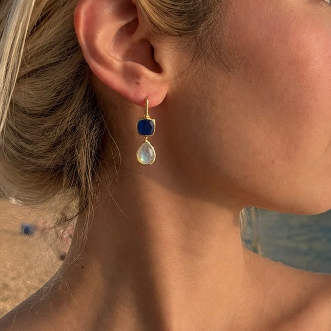 Charis Double Gemstone Earrings Blue Jade & Moonstone