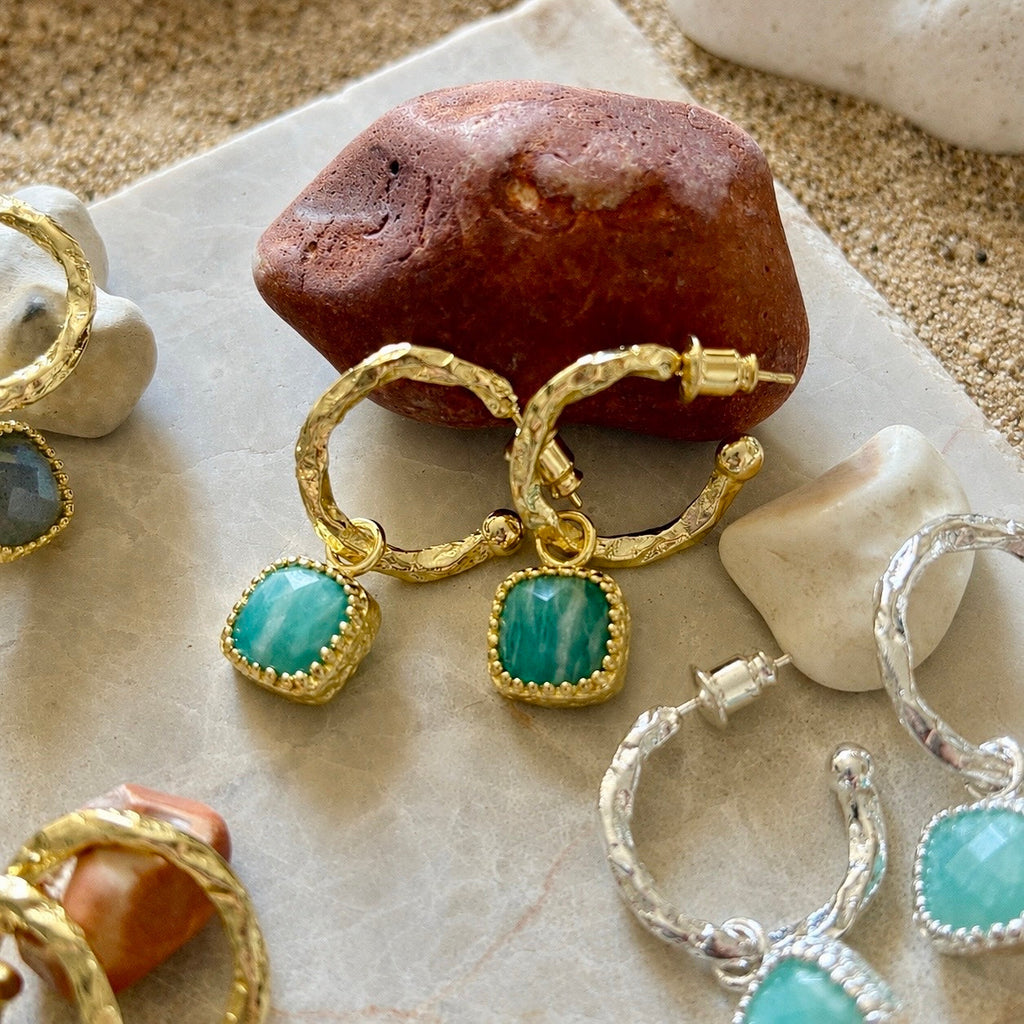 Tetra Square Gemstone Charm Hoops with Amazonite