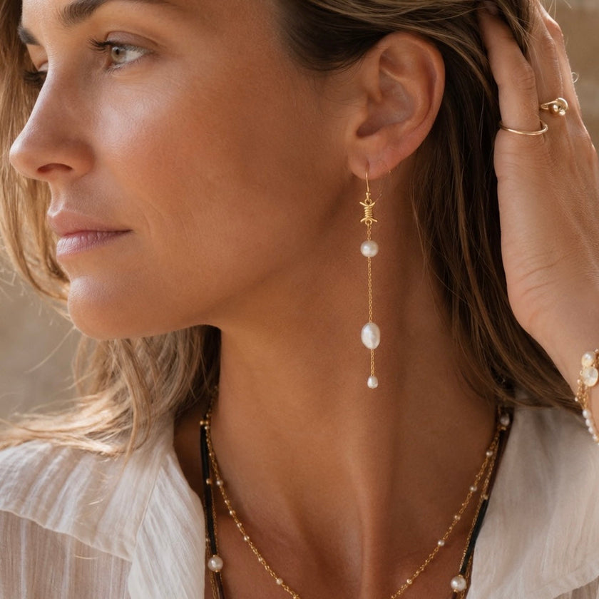 Eva Long Drop Pearl & Barbed Wire Earrings