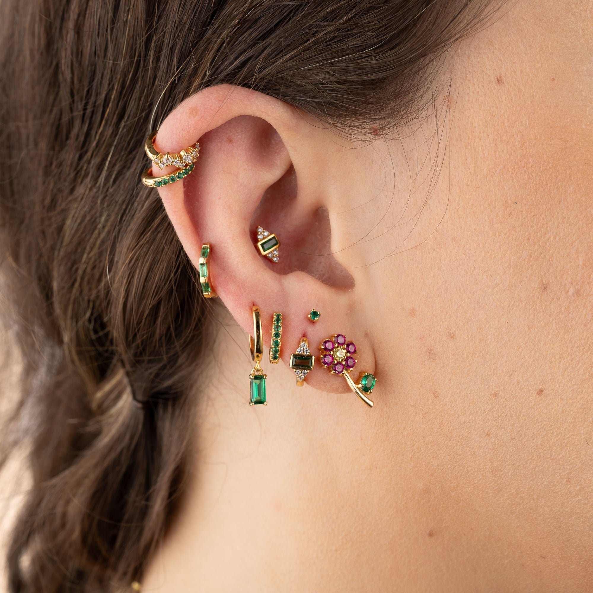 Green Baguette Charm Hoop Earrings