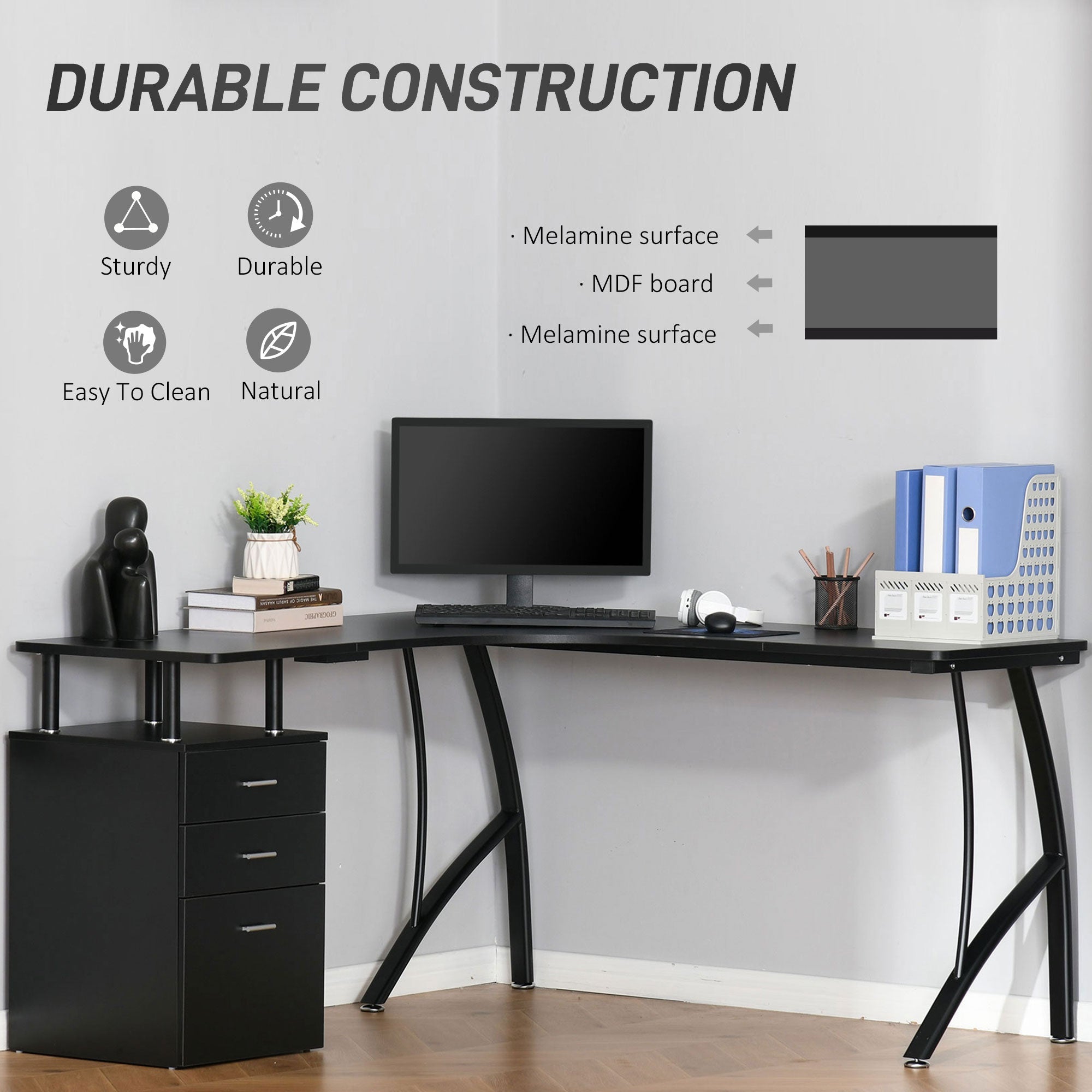 HOMCOM L-Shaped Computer Desk Table with Storage Drawer, Home Office Desk Corner Industrial Style Workstation for A4 Files 143.5 x 143.5 x 76cm, Black