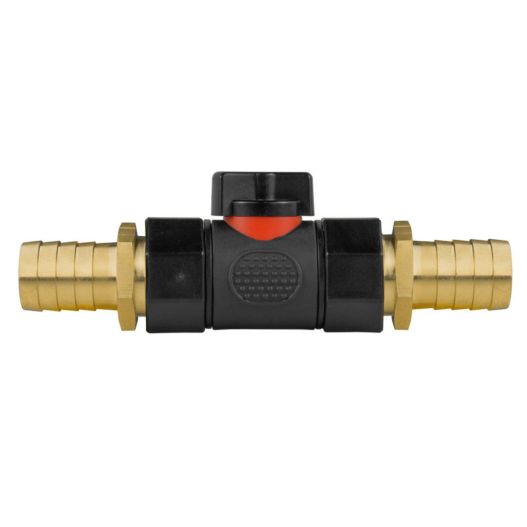 19mm Brass Barb with In-Line BSPF Valve and 25mm Brass Barb