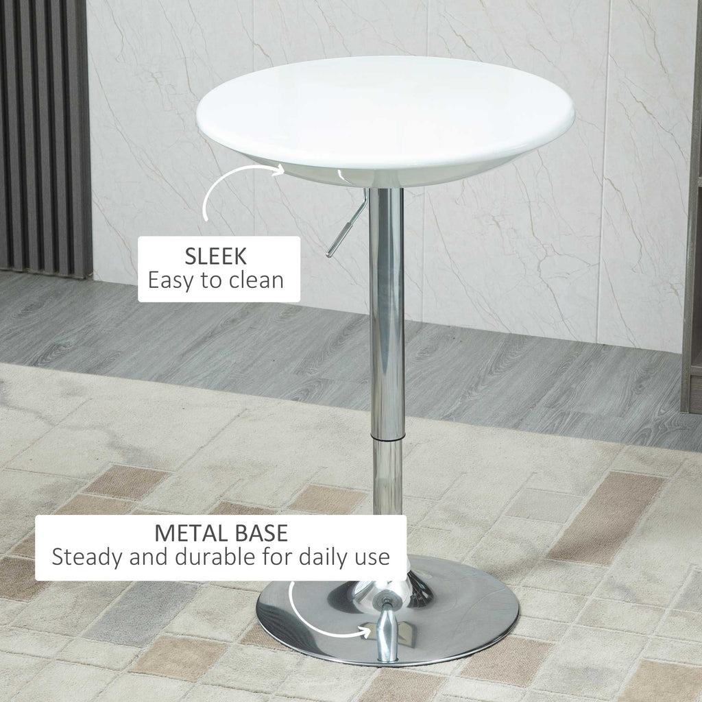 HOMCOM Modern Round Bar Table Adjustable Height Home Pub Bistro Desk Swivel Painted Top with Silver Steel Leg and Base, White