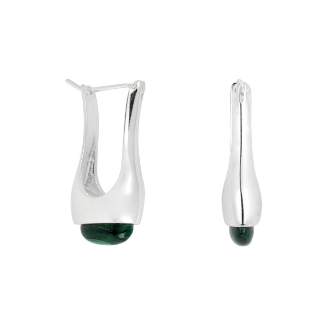 Long Eclipse Drop Green Malachite Hoop Earrings Silver