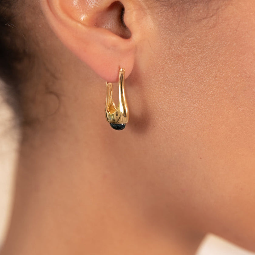 Long Eclipse Drop Green Malachite Hoop Earrings Gold