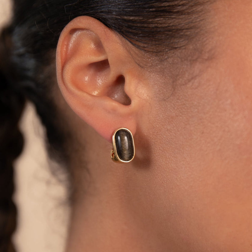 Ohrringe Oval Schwarz Obsidian Gold