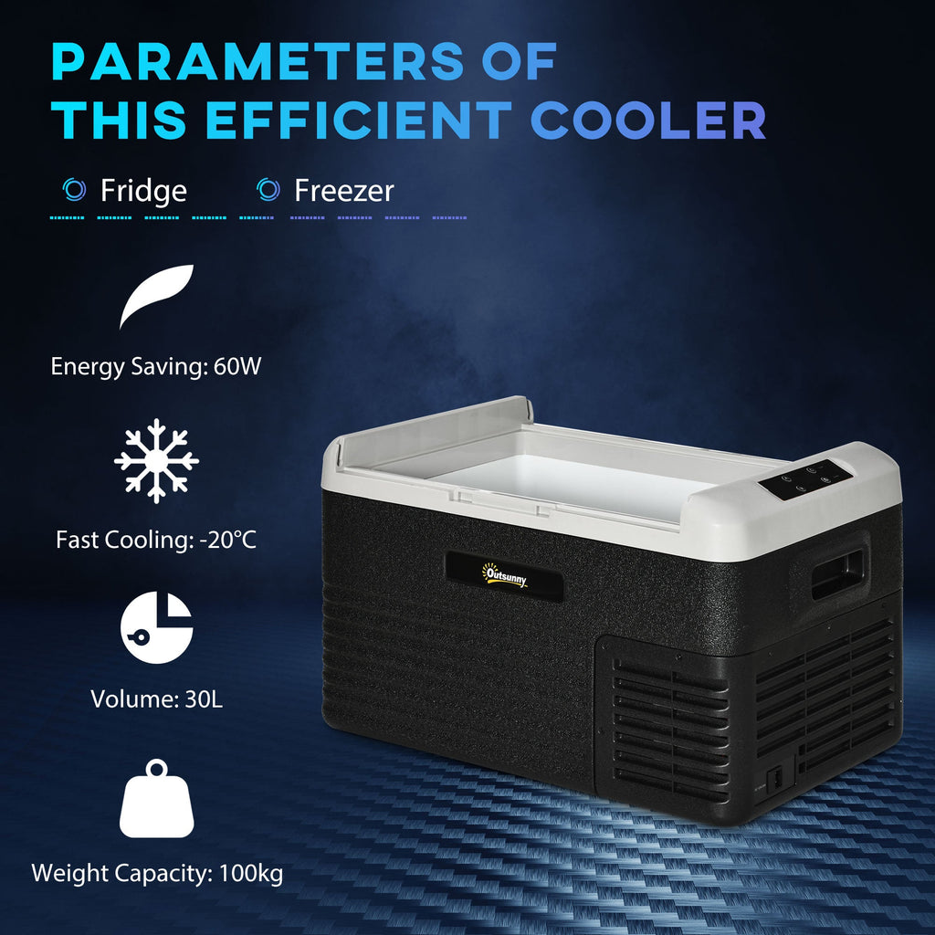 Outsunny 30L Car Refrigerator, Portable Compressor Car Fridge Freezer, Electric Cooler Box with 12/24V DC and 110-240V AC for Camping, Driving, Picnic, Down to -20\'e2\'84\'83