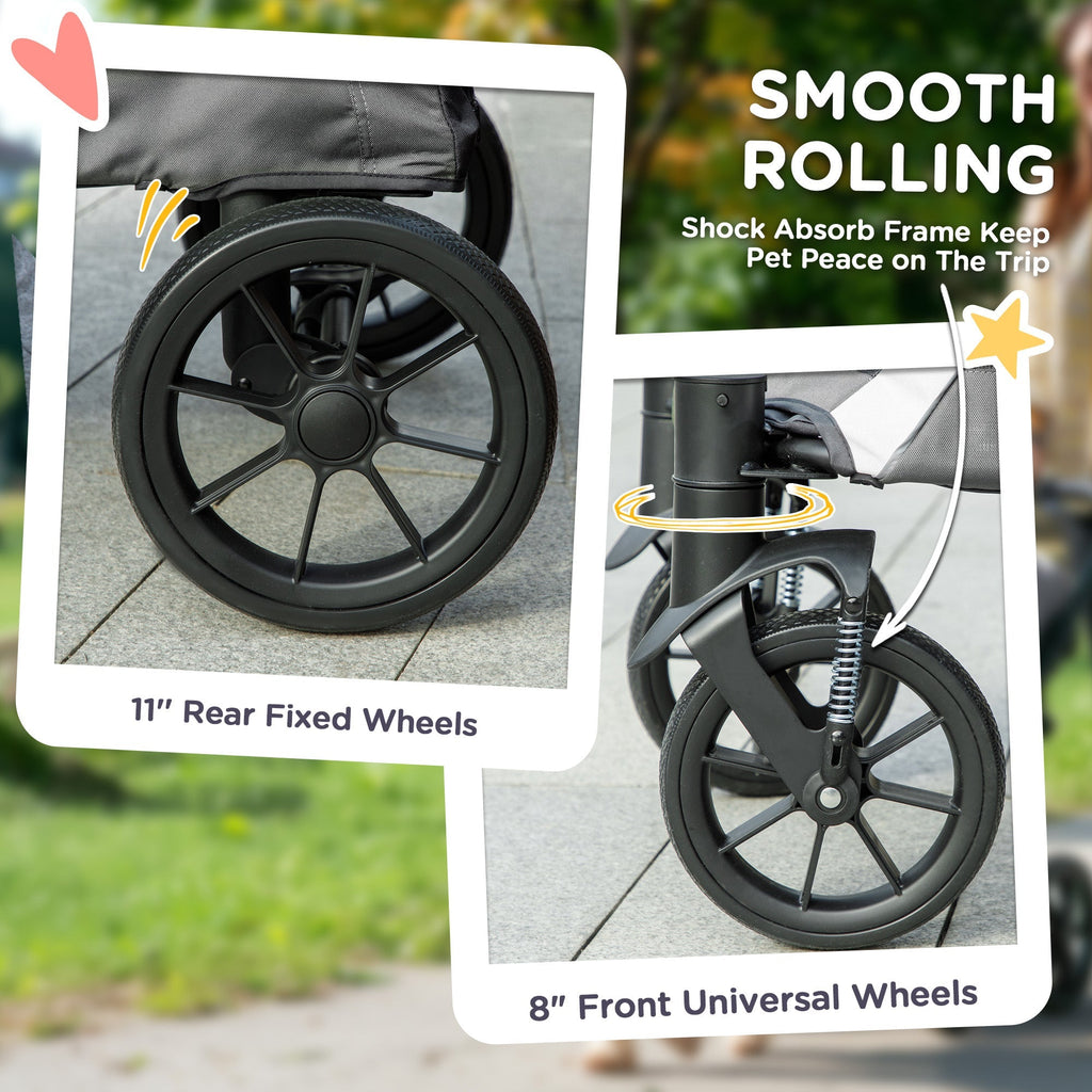 PawHut Easy Folding Pet Stroller for Large Dogs with 4 Big Wheels, Shock Absorb Frame, Safety Leashes, Brakes, Dark Grey