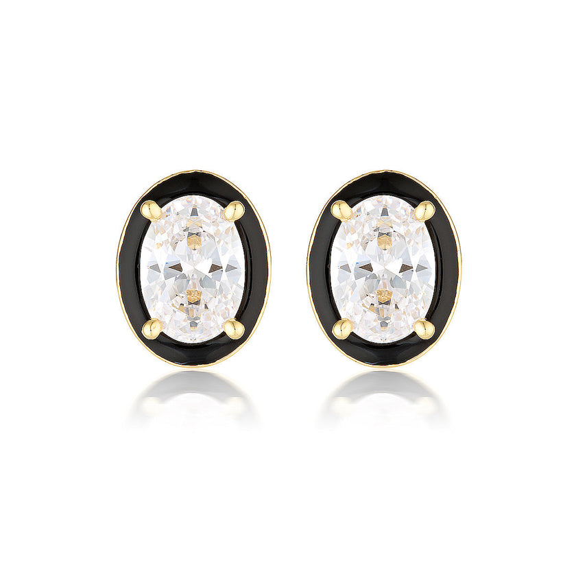 REFLECTION OVAL STUD EARRINGS GOLD & BLACK ENAMEL