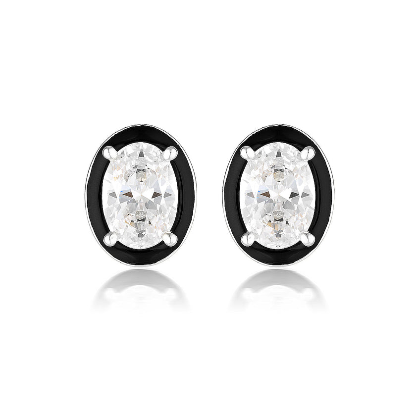 REFLECTION OVAL STUD EARRINGS SILVER & BLACK ENAMEL