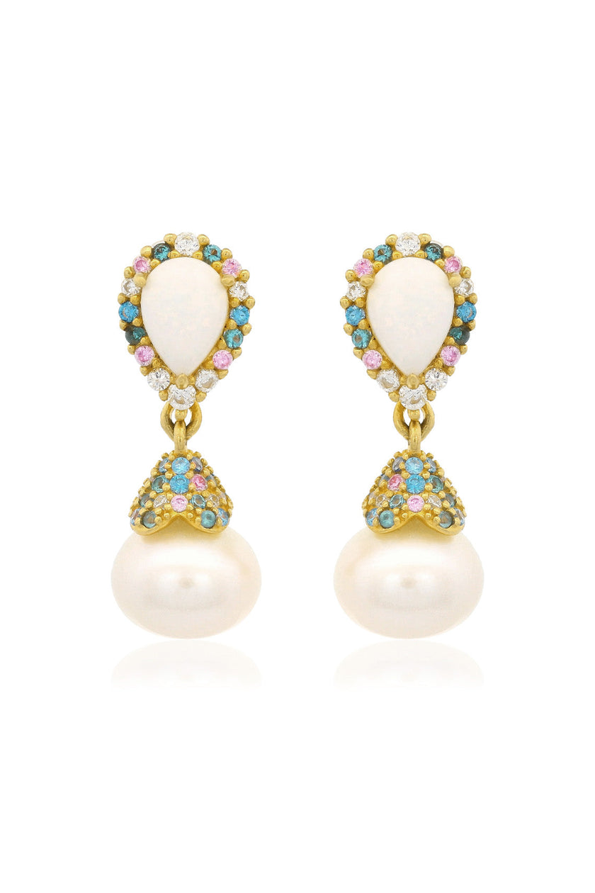 GEORGINI WISTERIA CREATED OPAL AND PEARL CASCADE EARRINGS GOLD