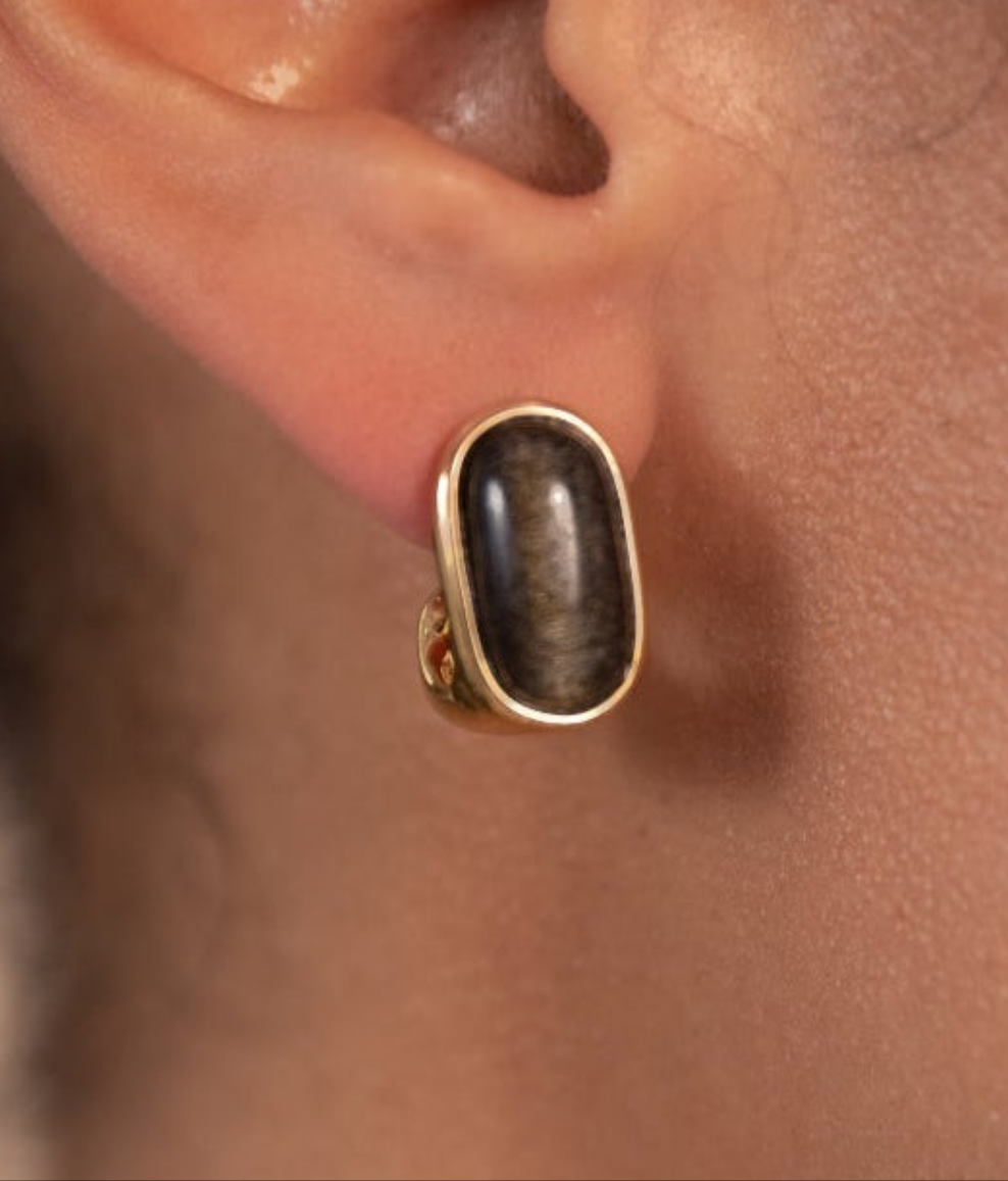 Ohrringe Oval Schwarz Obsidian Gold