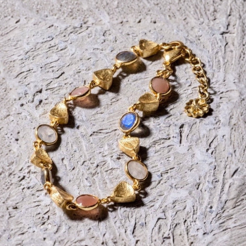 Gold Sara Mixed Gemstone Bracelet: Peach Moonstone, Labradorite & Moonstone