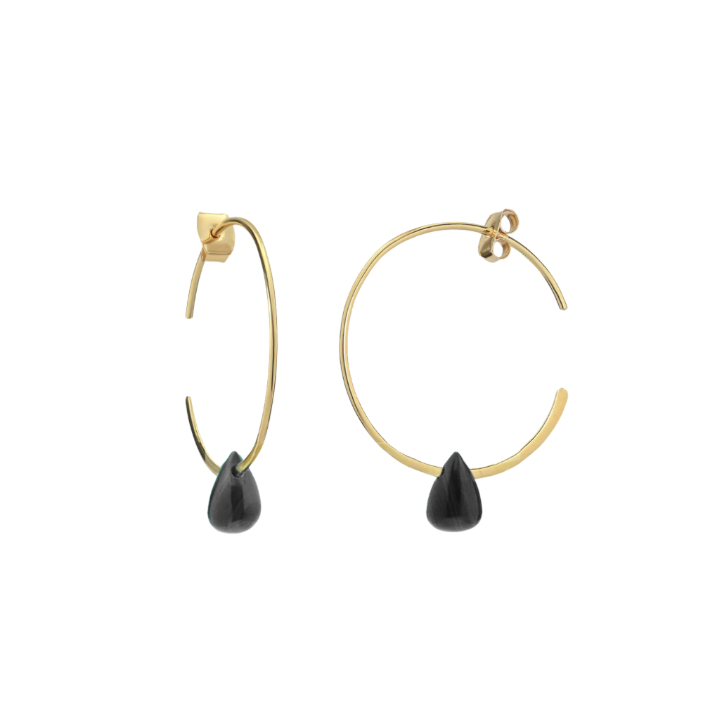 Hera Wire Hoop Earrings with Teardrop Stone: Gold Black Onyx