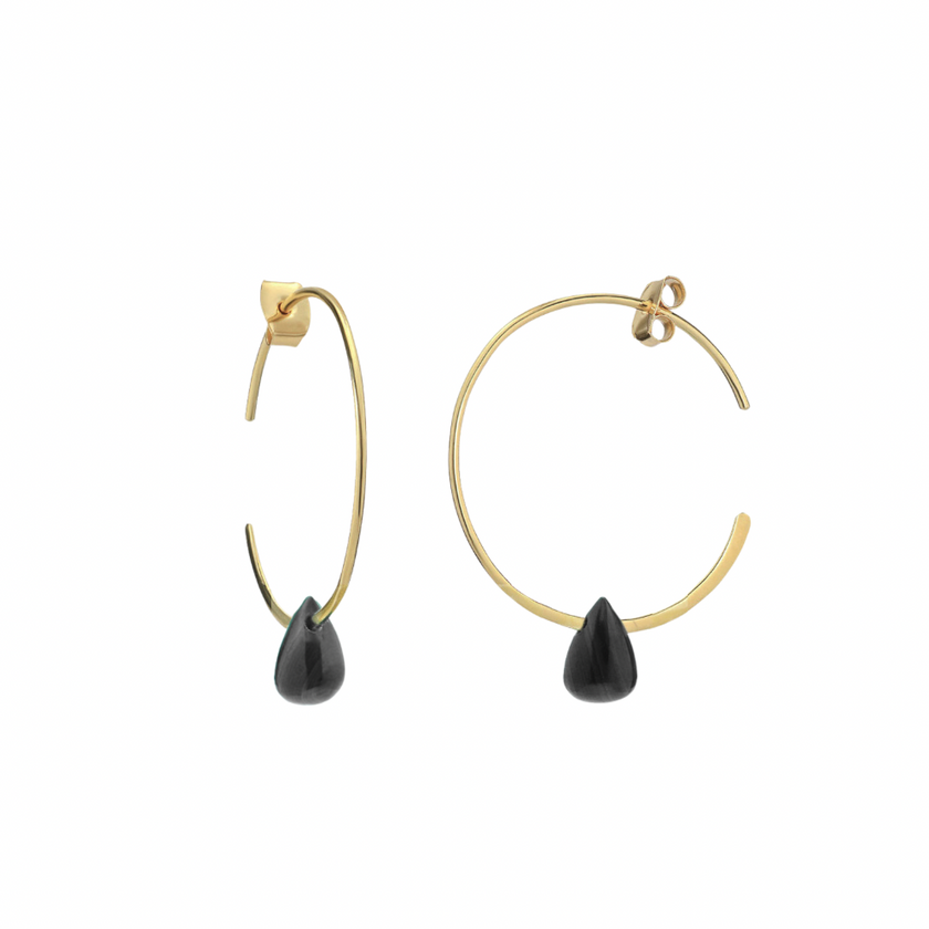 Hera Wire Hoop Earrings with Teardrop Stone: Gold Black Onyx