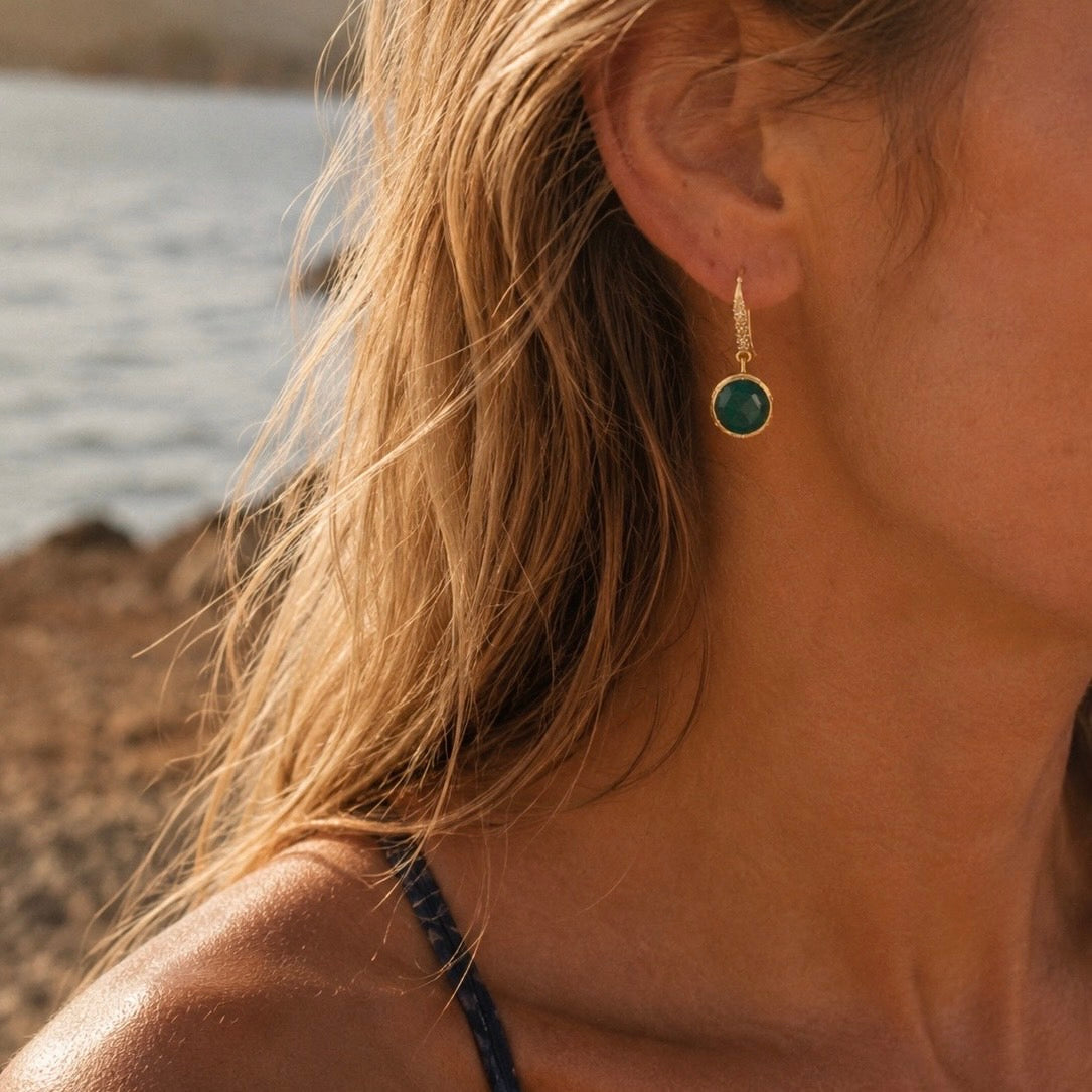 Charis Round Gemstone Earrings Green Onyx, Front CZ Hooks