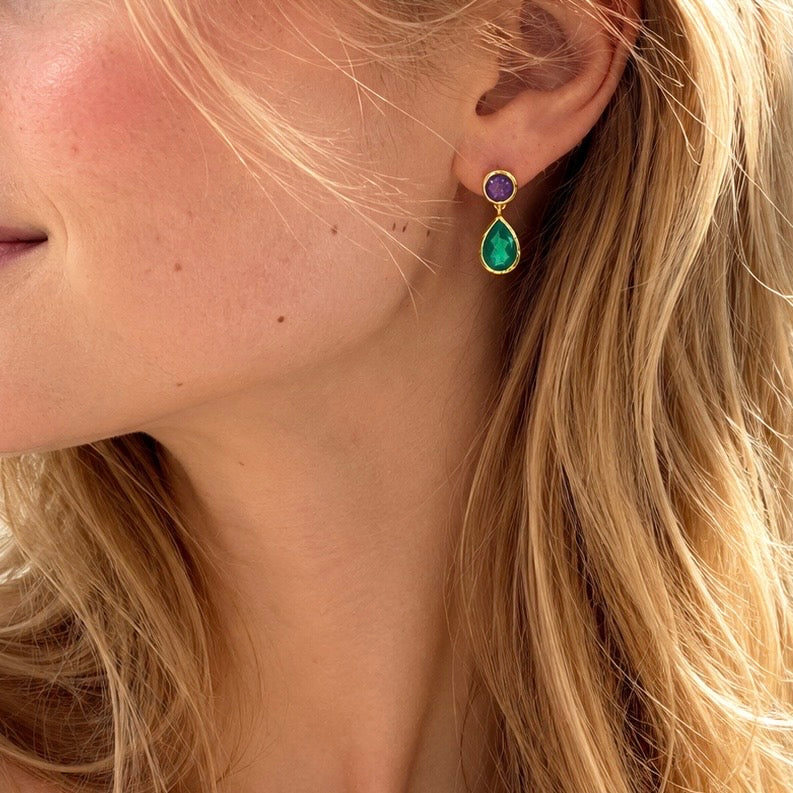 Iris Double Gemstone Drop Earrings with Amethyst & Green Onyx
