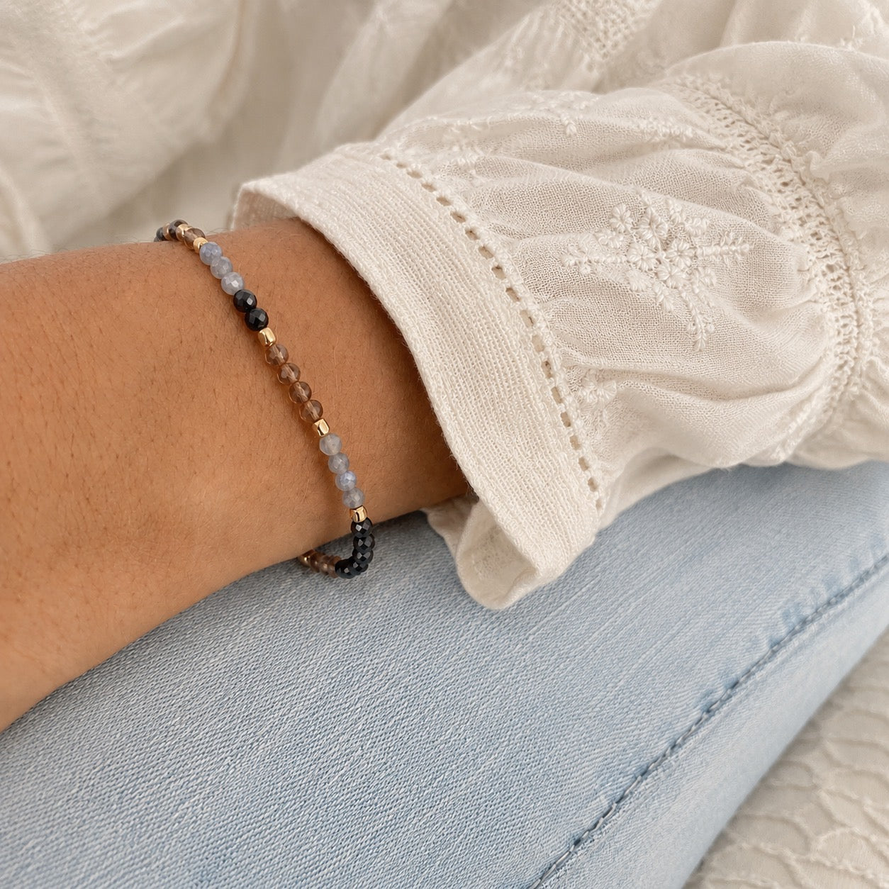 Milos Mixed Gemstone Beaded Bracelet  Black Onyx, Smoky Quartz & Labradorite
