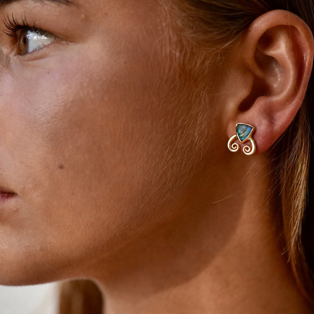 Trillion Doublet and Scroll Studs: Abalone with Crystal