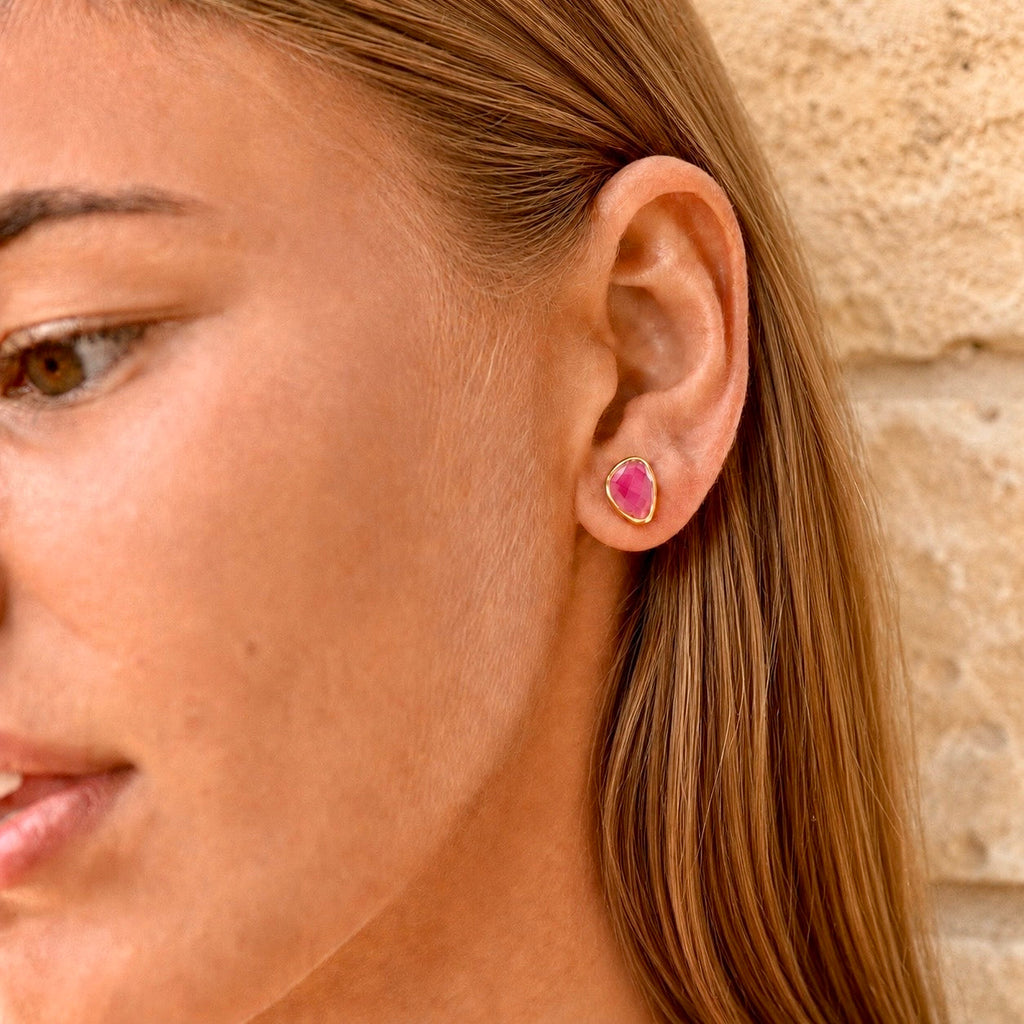 Odyssey Doublet Gold Stud Earrings: Mother of Pearl with Pink Crystal