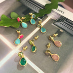 Gold Double Gemstone Drop Earrings with Green Onyx & Prenite