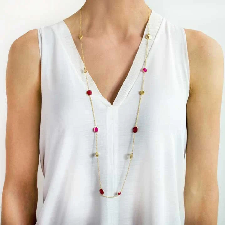 Penelope Multi-Stone Necklace: Fuchsia Onyx, Peach Moon stone & Red Jade