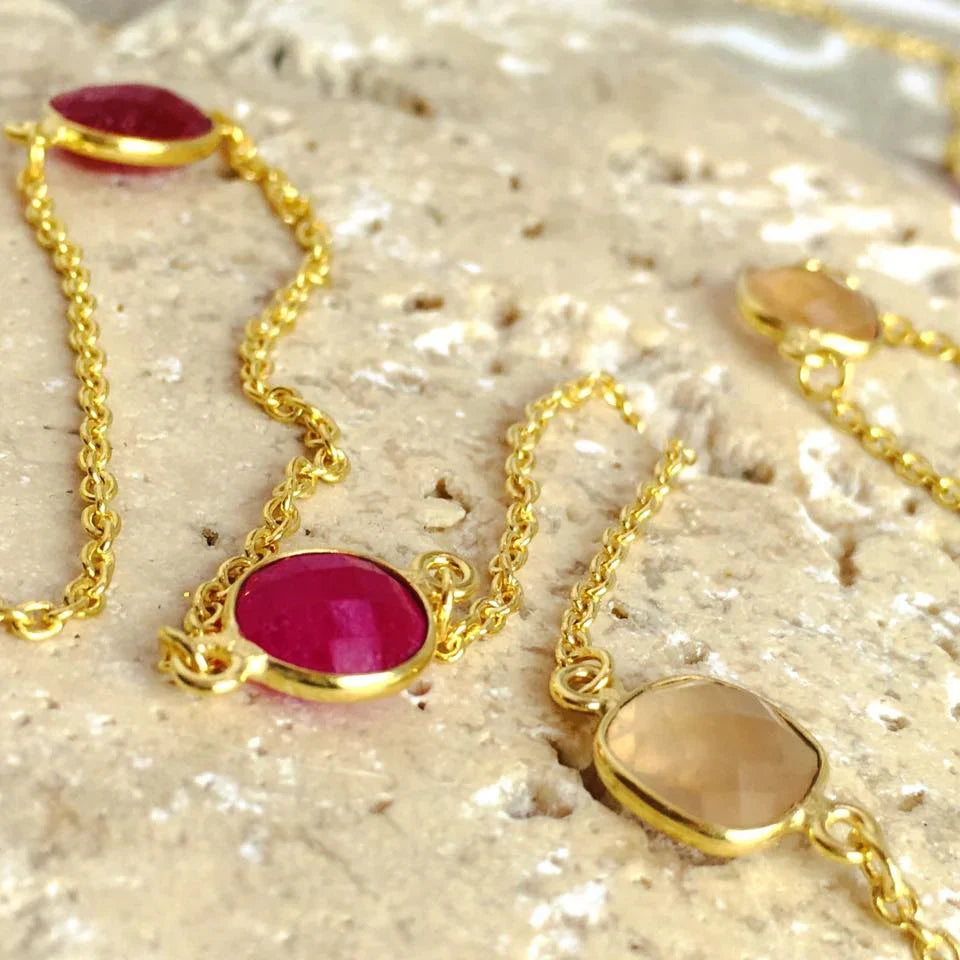 Penelope Multi-Stone Necklace: Fuchsia Onyx, Peach Moon stone & Red Jade